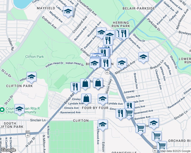 map of restaurants, bars, coffee shops, grocery stores, and more near 3110 Lawnview Avenue in Baltimore