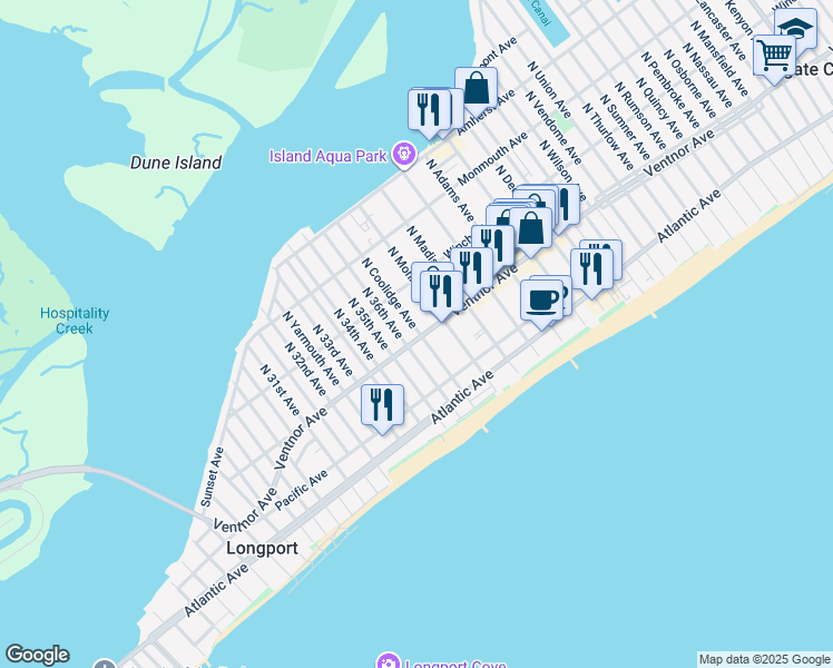 map of restaurants, bars, coffee shops, grocery stores, and more near 3600 Ventnor Avenue in Longport