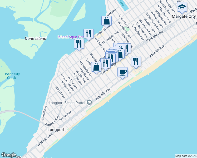 map of restaurants, bars, coffee shops, grocery stores, and more near 12 South Monroe Avenue in Margate City