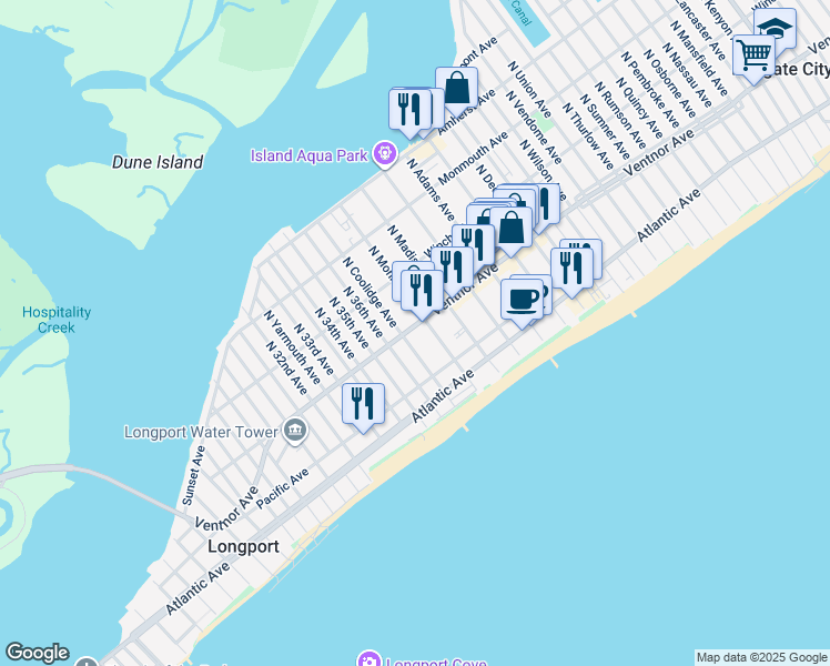 map of restaurants, bars, coffee shops, grocery stores, and more near 12 South Monroe Avenue in Margate City