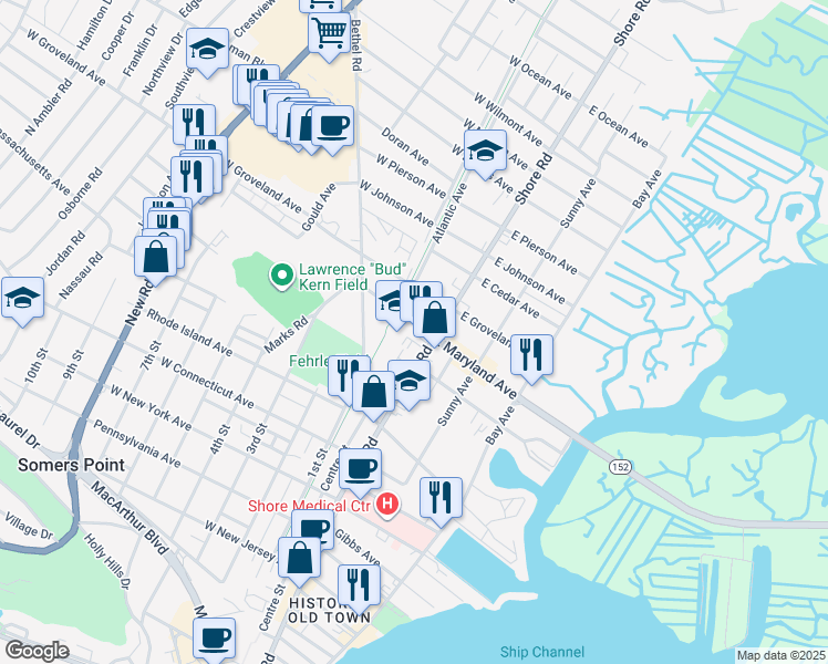 map of restaurants, bars, coffee shops, grocery stores, and more near 519 Shore Road in Somers Point