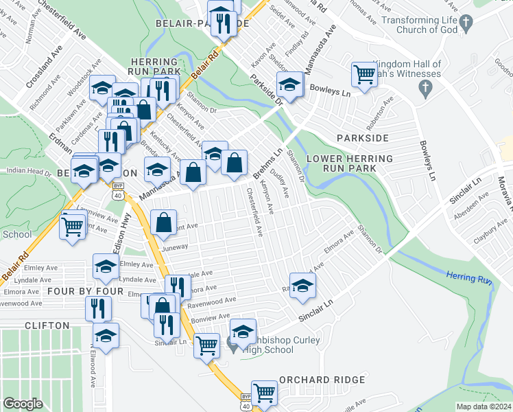 map of restaurants, bars, coffee shops, grocery stores, and more near 3540 Chesterfield Avenue in Baltimore