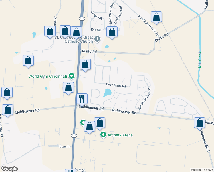 map of restaurants, bars, coffee shops, grocery stores, and more near 4990 Columbia Circle in Butler County