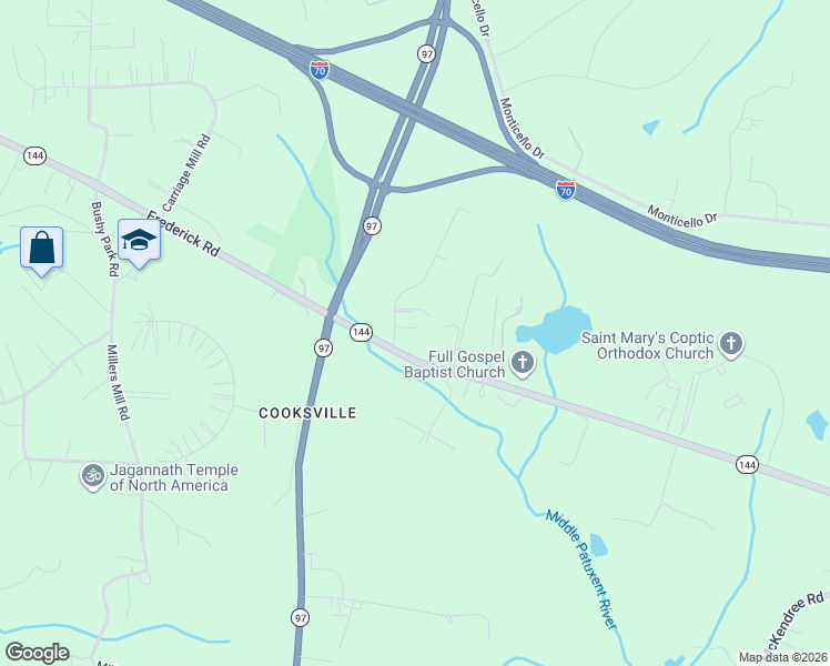 map of restaurants, bars, coffee shops, grocery stores, and more near 14450 Frederick Road in Cooksville