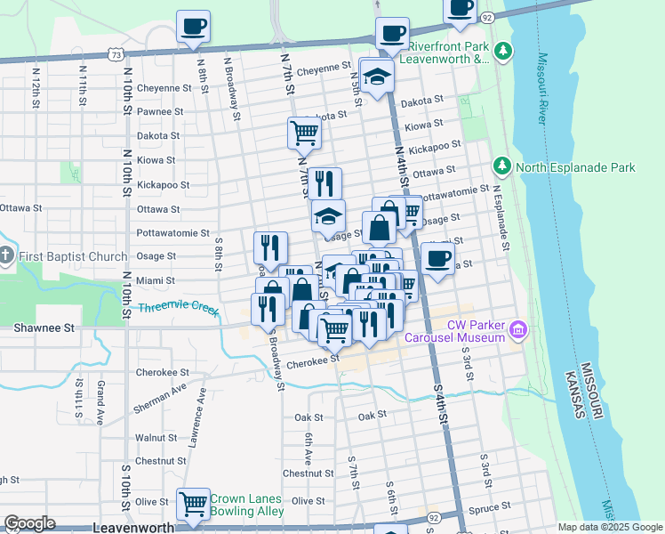 map of restaurants, bars, coffee shops, grocery stores, and more near 621 Miami Street in Leavenworth