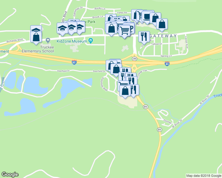 map of restaurants, bars, coffee shops, grocery stores, and more near 10917 Cinnabar Way in Truckee