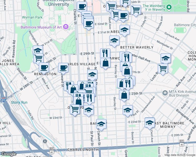 map of restaurants, bars, coffee shops, grocery stores, and more near 2623 North Calvert Street in Baltimore