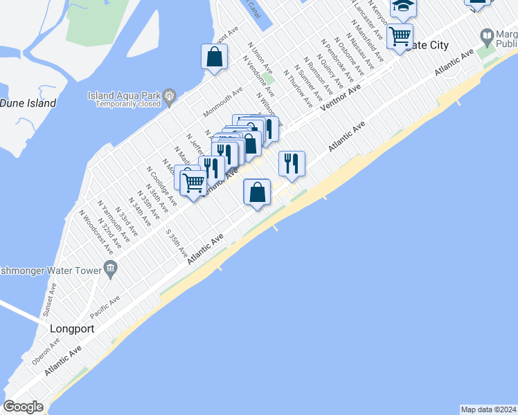 map of restaurants, bars, coffee shops, grocery stores, and more near 9500 Atlantic Avenue in Margate City
