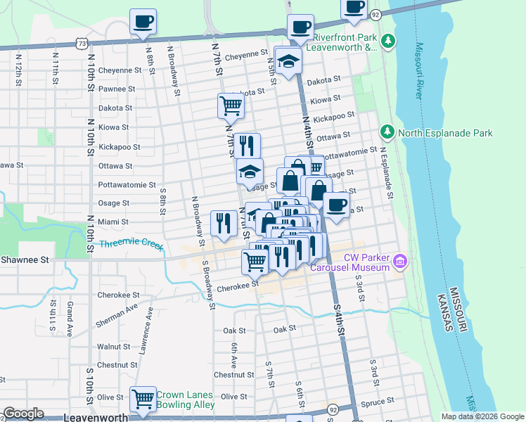 map of restaurants, bars, coffee shops, grocery stores, and more near 528 Seneca Street in Leavenworth