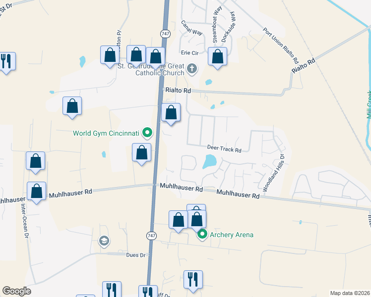 map of restaurants, bars, coffee shops, grocery stores, and more near 9503 Deer Track Road in Butler County