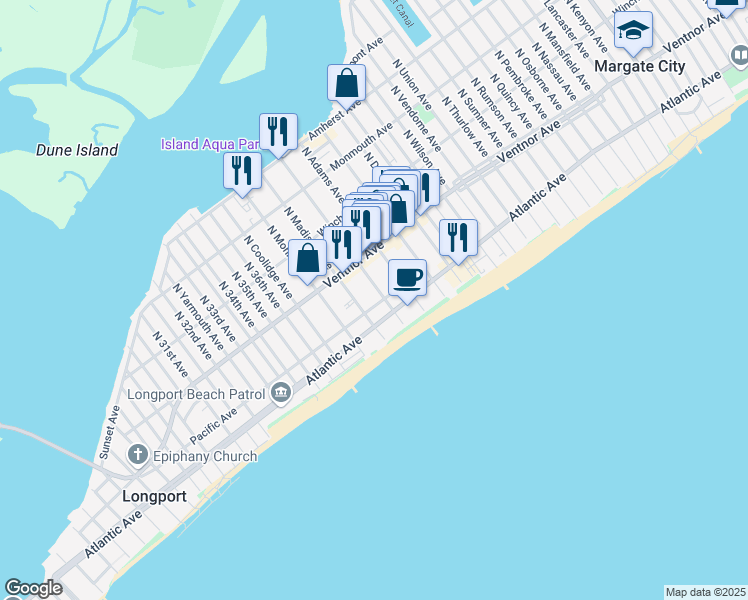 map of restaurants, bars, coffee shops, grocery stores, and more near 9507 Pacific Avenue in Margate City