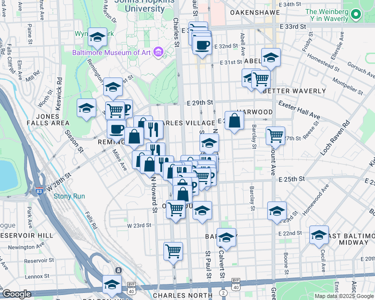 map of restaurants, bars, coffee shops, grocery stores, and more near 2629 North Charles Street in Baltimore