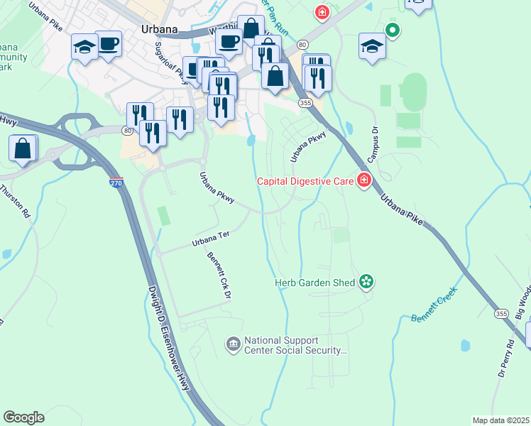 map of restaurants, bars, coffee shops, grocery stores, and more near 3520 Starlight Street in Frederick