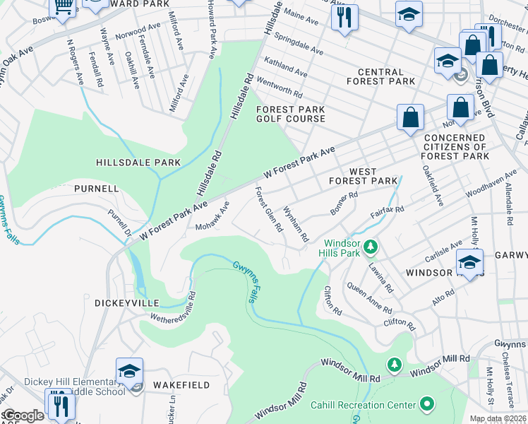 map of restaurants, bars, coffee shops, grocery stores, and more near 2918 Forest Glen Road in Baltimore
