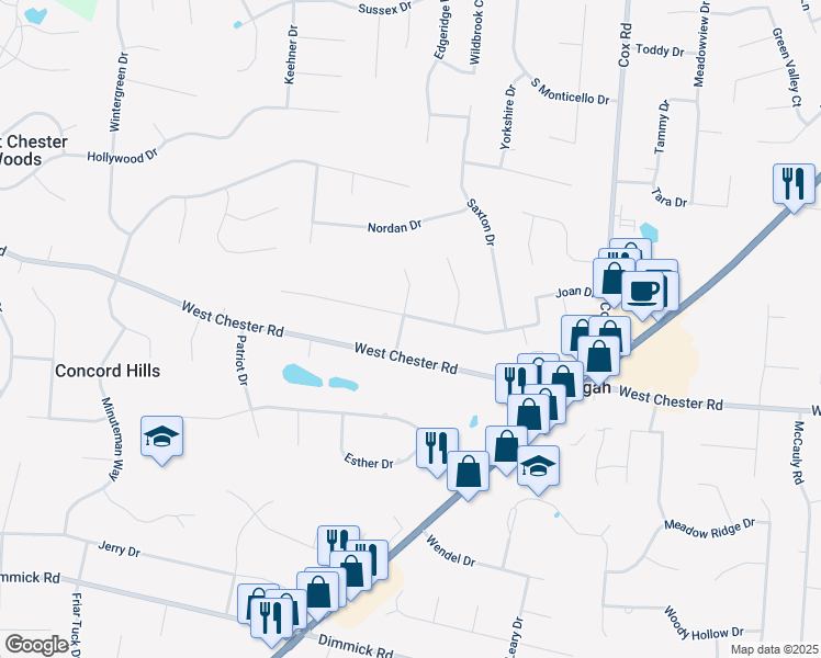 map of restaurants, bars, coffee shops, grocery stores, and more near 7604 West Chester Road in Butler County
