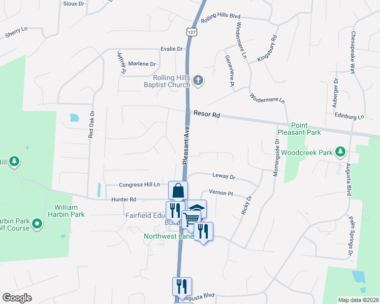 map of restaurants, bars, coffee shops, grocery stores, and more near 5930 Pleasant Avenue in Fairfield
