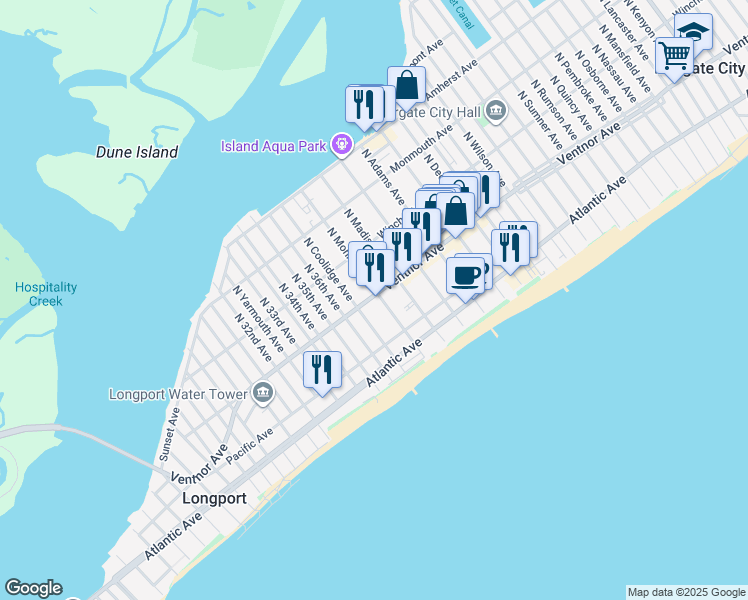 map of restaurants, bars, coffee shops, grocery stores, and more near 12 South Monroe Avenue in Margate City