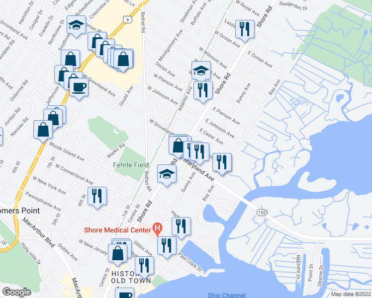 map of restaurants, bars, coffee shops, grocery stores, and more near 438 Shore Road in Somers Point