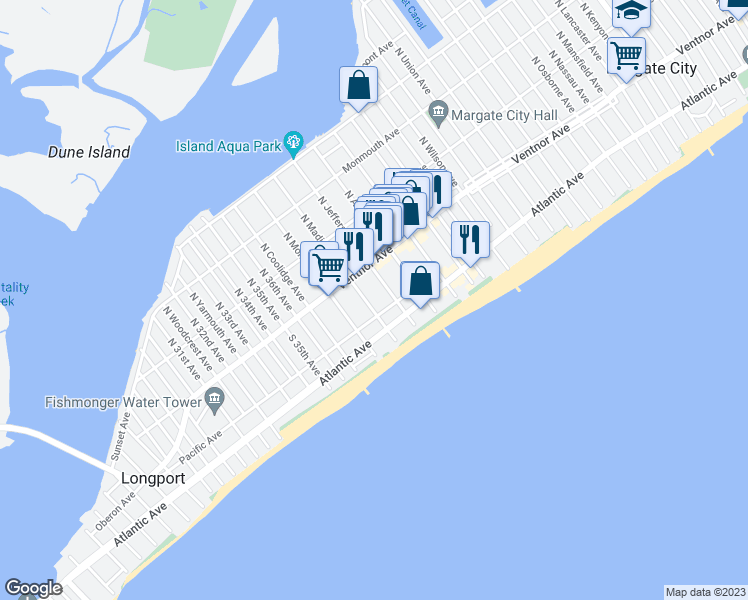 map of restaurants, bars, coffee shops, grocery stores, and more near 9610 Pacific Avenue in Margate City