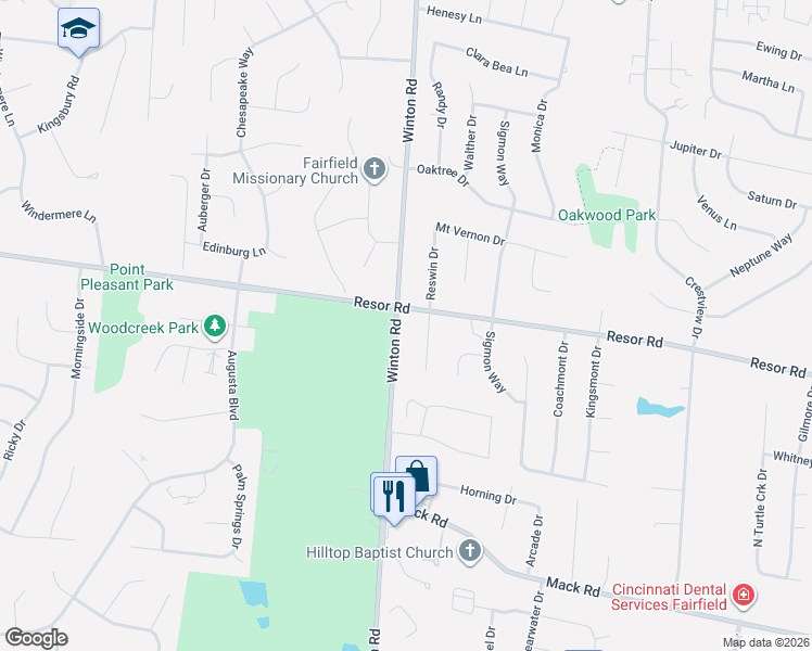 map of restaurants, bars, coffee shops, grocery stores, and more near 5850 Winton Road in Fairfield