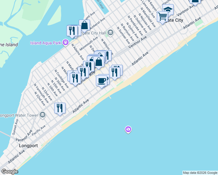 map of restaurants, bars, coffee shops, grocery stores, and more near 9300 Atlantic Avenue in Margate City