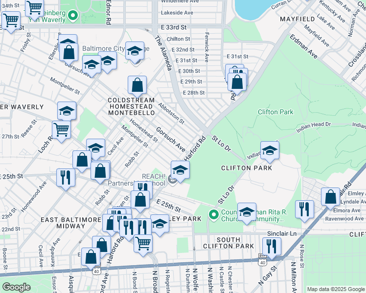 map of restaurants, bars, coffee shops, grocery stores, and more near 1758 Gorsuch Avenue in Baltimore