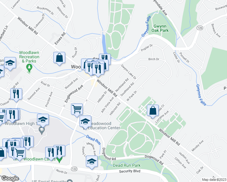 map of restaurants, bars, coffee shops, grocery stores, and more near 2100 Northland Road in Woodlawn