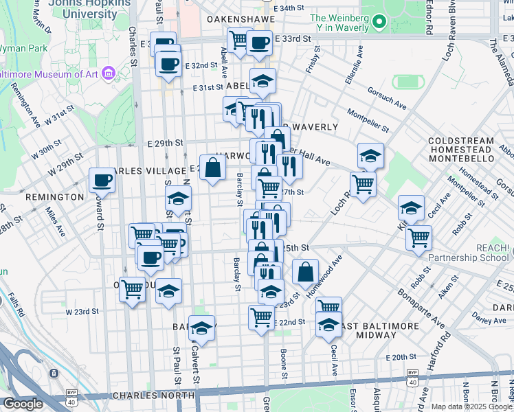 map of restaurants, bars, coffee shops, grocery stores, and more near 436 East Lorraine Avenue in Baltimore