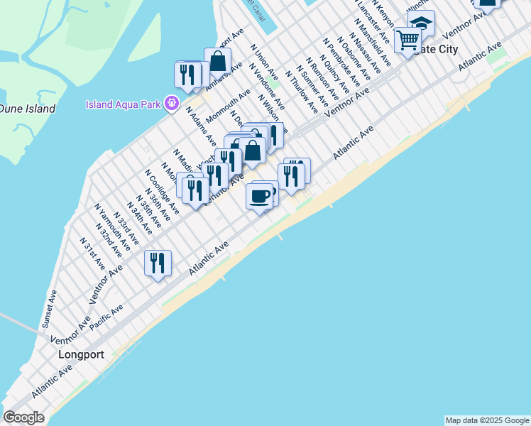 map of restaurants, bars, coffee shops, grocery stores, and more near Atlantic Avenue & South Adams Avenue in Margate City