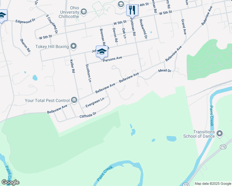 map of restaurants, bars, coffee shops, grocery stores, and more near 415 Summit Drive in Chillicothe