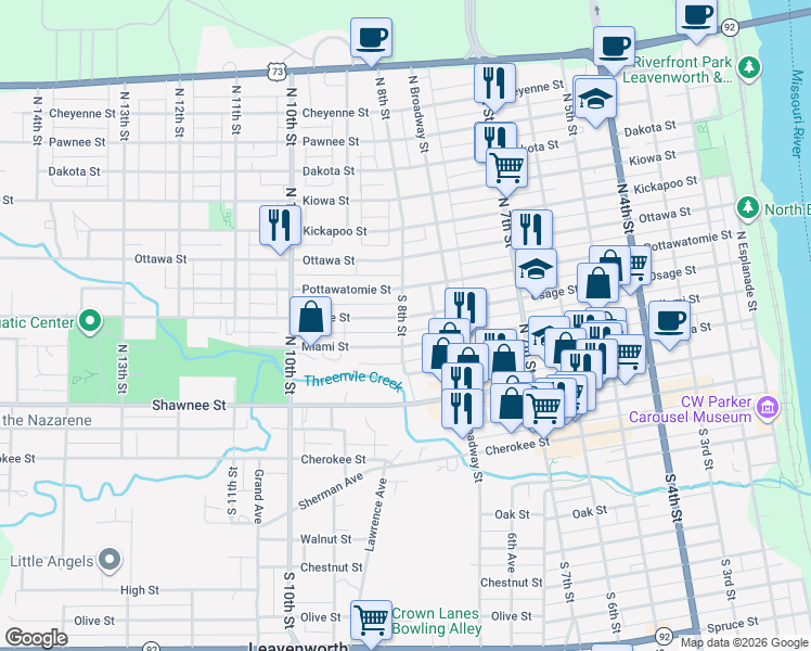map of restaurants, bars, coffee shops, grocery stores, and more near 778 Osage Street in Leavenworth