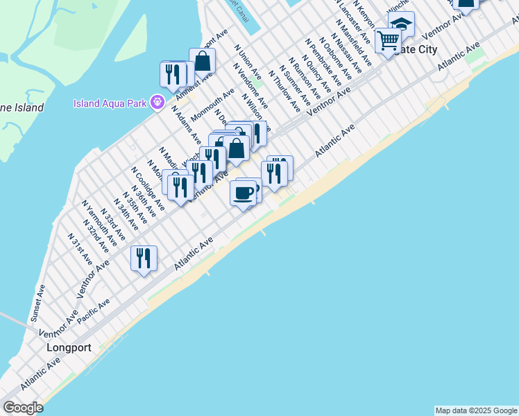 map of restaurants, bars, coffee shops, grocery stores, and more near 9219 South Washington Avenue in Margate City