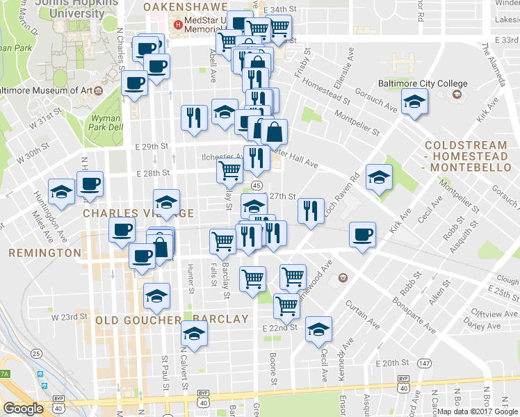 map of restaurants, bars, coffee shops, grocery stores, and more near 2625 Greenmount Avenue in Baltimore