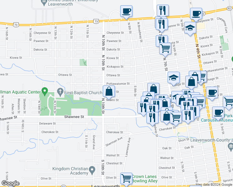 map of restaurants, bars, coffee shops, grocery stores, and more near 905 Osage Street in Leavenworth