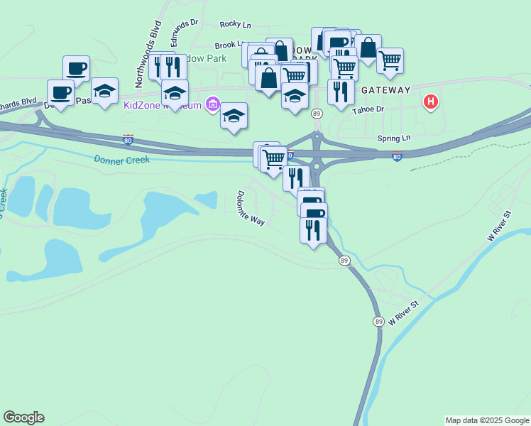 map of restaurants, bars, coffee shops, grocery stores, and more near 10868 Cinnabar Way in Truckee