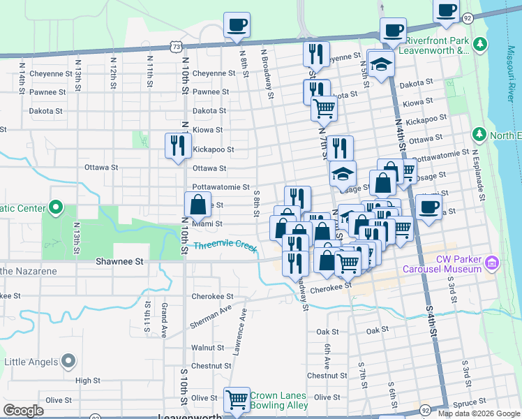 map of restaurants, bars, coffee shops, grocery stores, and more near 778 Osage Street in Leavenworth