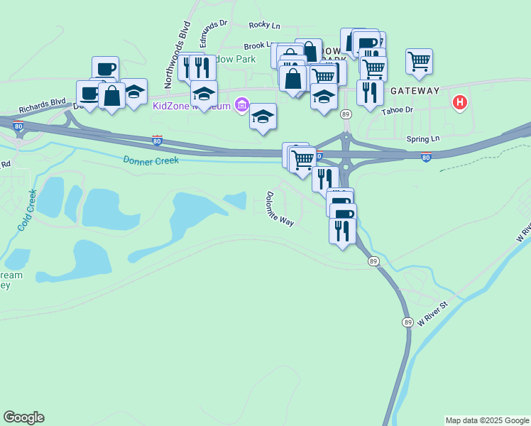 map of restaurants, bars, coffee shops, grocery stores, and more near 11549 Dolomite Way in Truckee