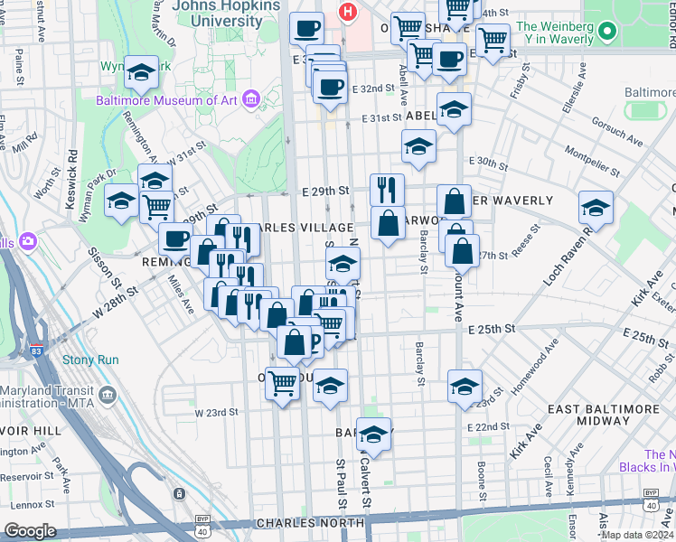 map of restaurants, bars, coffee shops, grocery stores, and more near 2629 St Paul St in Baltimore