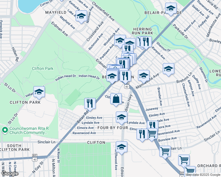 map of restaurants, bars, coffee shops, grocery stores, and more near 3115 Belair Road in Baltimore