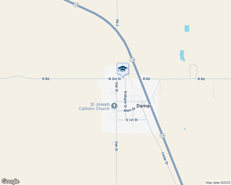 map of restaurants, bars, coffee shops, grocery stores, and more near 107 Oak Street in Damar