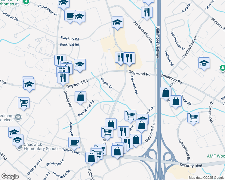 map of restaurants, bars, coffee shops, grocery stores, and more near 23 Middleview Court in Woodlawn