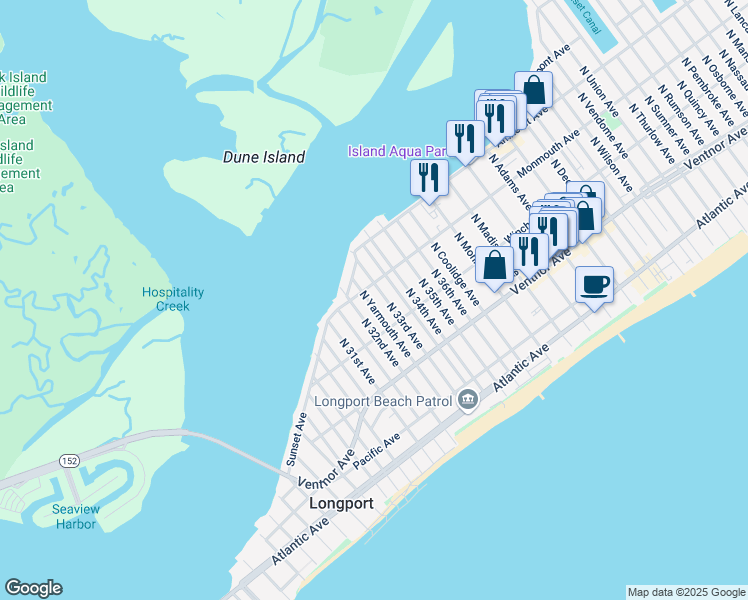 map of restaurants, bars, coffee shops, grocery stores, and more near 131 North Yarmouth Avenue in Longport