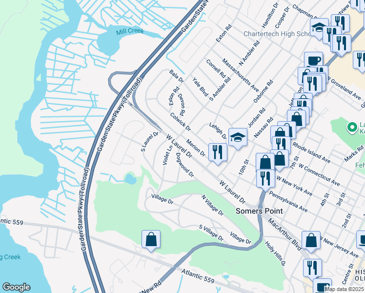 map of restaurants, bars, coffee shops, grocery stores, and more near 19 Merion Drive in Somers Point