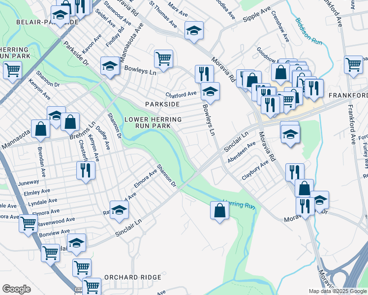 map of restaurants, bars, coffee shops, grocery stores, and more near 5008 Parkside Drive in Baltimore