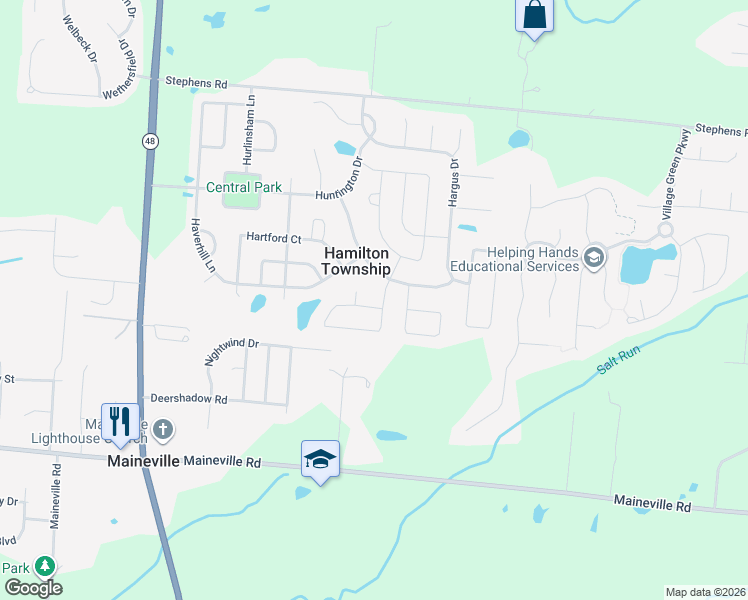 map of restaurants, bars, coffee shops, grocery stores, and more near 231 Hennepin Drive in Maineville