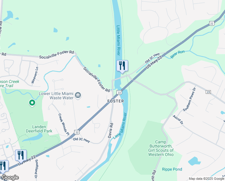 map of restaurants, bars, coffee shops, grocery stores, and more near 1800 Socialville-Foster Road in Maineville