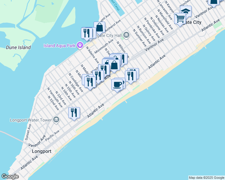 map of restaurants, bars, coffee shops, grocery stores, and more near 22 South Adams Avenue in Margate City