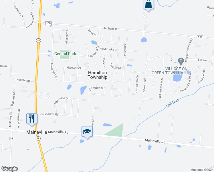 map of restaurants, bars, coffee shops, grocery stores, and more near 481 Hennepin Drive in Maineville