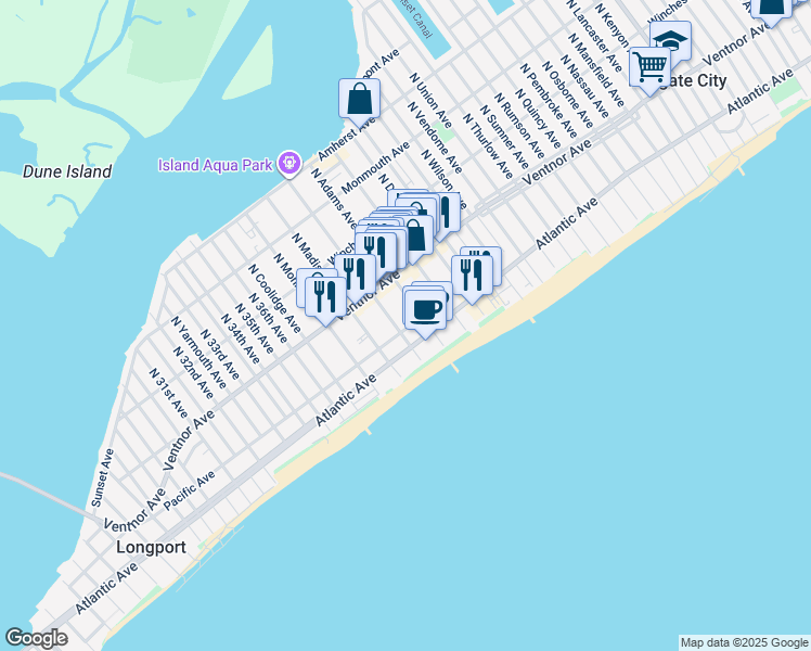 map of restaurants, bars, coffee shops, grocery stores, and more near 9401 Pacific Avenue in Margate City