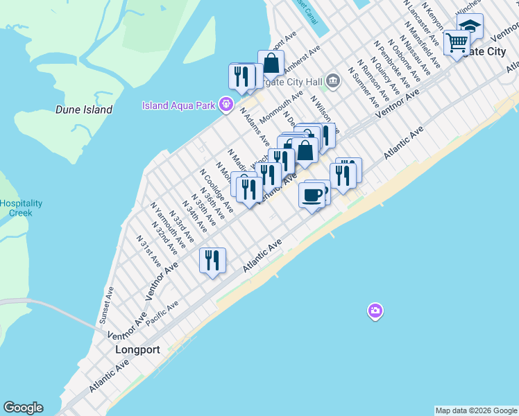 map of restaurants, bars, coffee shops, grocery stores, and more near 9605 Ventnor Avenue in Margate City